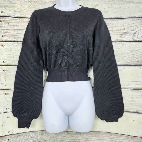 Debut S/M Black Balloon Sleeve Cropped Sweater NWT - Picture 1 of 8